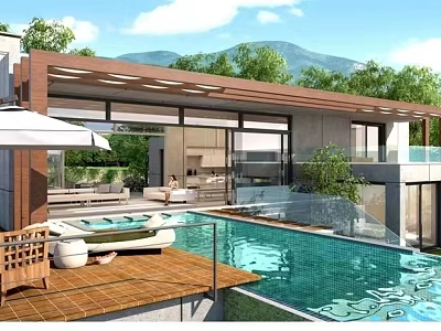 Modern Swimming Pool Area With Outdoor Lounge Wooden Deck And Glass Railings 3d model