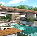 Modern Swimming Pool Area With Outdoor Lounge Wooden Deck And Glass Railings
