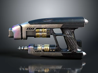 Futuristic Modern Weapon Pistol With Black Silver Design Gold Accents And Textured Grip 3d model