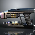 Futuristic Modern Weapon Pistol With Black Silver Design Gold Accents And Textured Grip