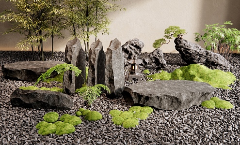 Courtyard landscaping stone landscape stone black stone rockery stone bamboo moss Zen landscape 3d model