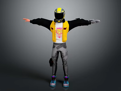 Motorcycle Rider Character In Yellow Helmet Vest Black Jacket And Gray Pants With Arms Outstretched 3d model