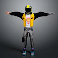 Motorcycle Rider Character In Yellow Helmet Vest Black Jacket And Gray Pants With Arms Outstretched