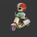 Cartoon Character Riding White Scooter With Red Orange Helmet Sunglasses White Shirt Blue Pants