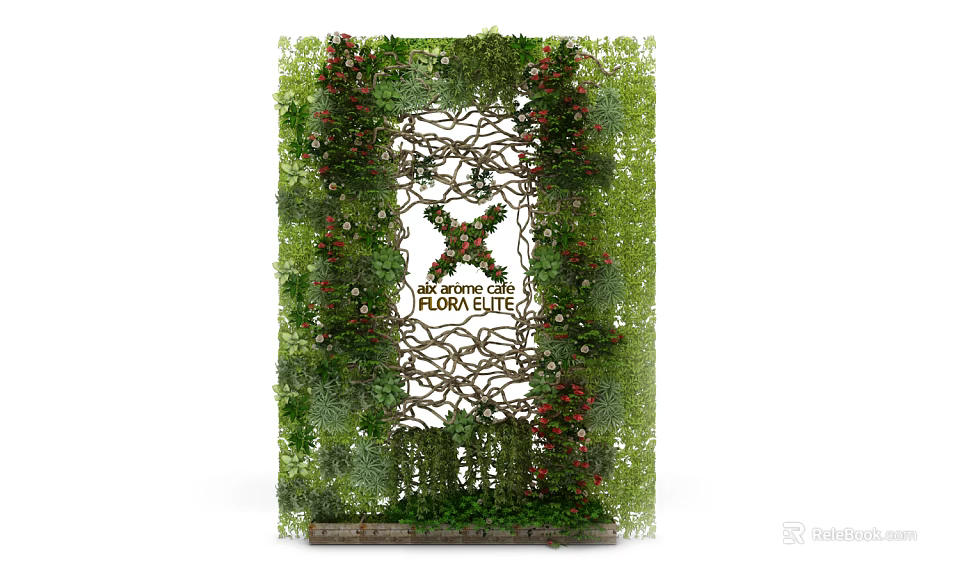 Lush Green Living Wall with Intricate Metal Design and Red Flowers for Flora Suite 3d model 