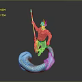 Mythical Muscular Ocean Figure With Golden Hair And Trident Riding Blue Wave Creature