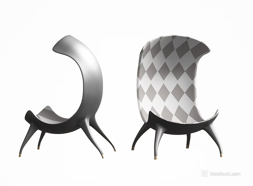 Two Modern Leisure Chairs Featuring Curved Backrest Three Legs And Gray Diamond Pattern Design 3d model 
