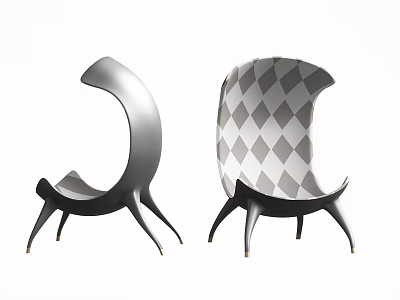 Two Modern Leisure Chairs Featuring Curved Backrest Three Legs And Gray Diamond Pattern Design 3d model