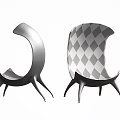 Two Modern Leisure Chairs Featuring Curved Backrest Three Legs And Gray Diamond Pattern Design