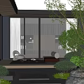 Modern Courtyard Garden With Outdoor Seating Stone Path Lush Greenery Glass Doors And Warm Lighting