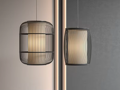Modern Black Frame Lanterns With Light Colored Stripes Hanging Against Grey And Beige Walls 3d model