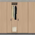Modern Wooden Wardrobe With Multiple Doors And Open Compartment Featuring Hanging Clothes And Storage Box