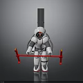 White Robot With Astronaut Design Standing And Red Tools On Reflective Surface