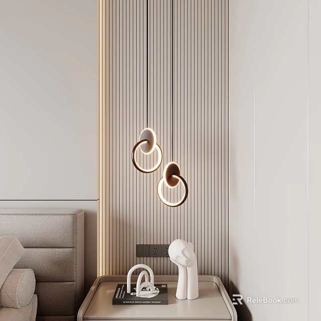 Modern Circular Pendant Lights With Gold Frame In Minimalist Bedroom With Striped Wall 3d model 