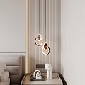 Modern Circular Pendant Lights With Gold Frame In Minimalist Bedroom With Striped Wall