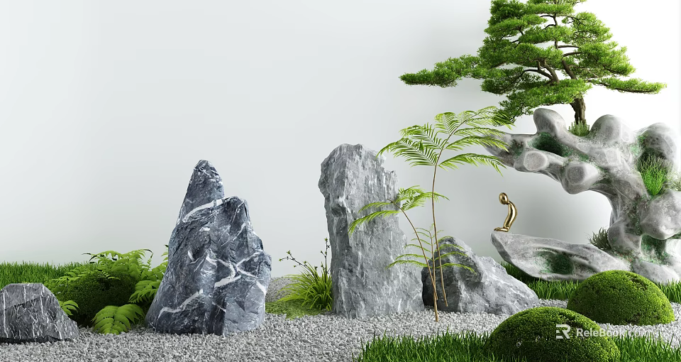 Zen Courtyard Garden with Gray Stones Green Plants Pine Tree Gravel and Golden Bird Ornament 3d model 