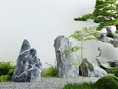 Zen Courtyard Garden with Gray Stones Green Plants Pine Tree Gravel and Golden Bird Ornament 3d model