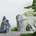Zen Courtyard Garden with Gray Stones Green Plants Pine Tree Gravel and Golden Bird Ornament