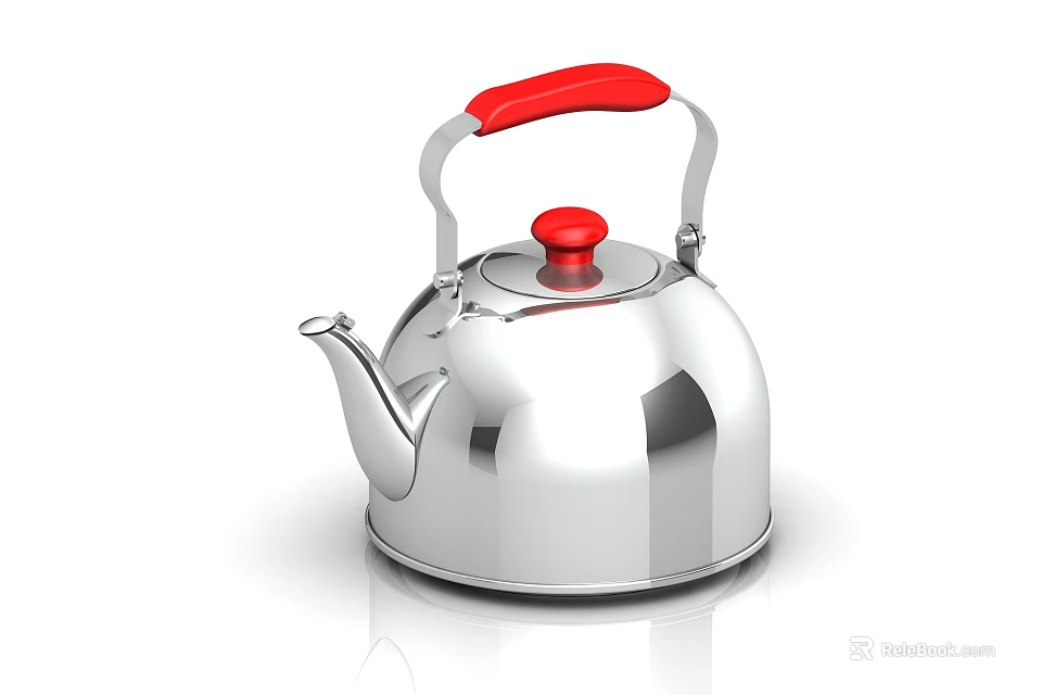 Shiny Silver Kettle With Red Handle And Top Button For Daily Use Appliance 3d model 
