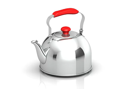 Shiny Silver Kettle With Red Handle And Top Button For Daily Use Appliance 3d model
