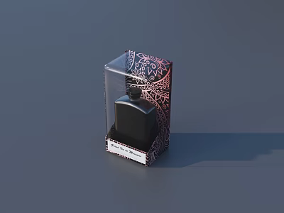 Intricately Carved Perfume Packaging Box With Transparent Cover And Black Bottle 3d model