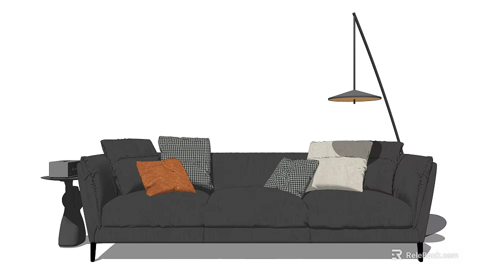 Modern Dark Gray Three Seater Sofa With Various Colored Patterned Cushions And Side Table Pendant Light 3d model
