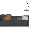 Modern Dark Gray Three Seater Sofa With Various Colored Patterned Cushions And Side Table Pendant Light 3d model
