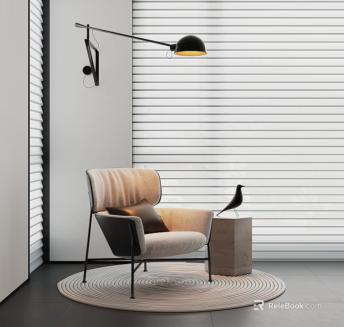 Beige Accent Chair With Black Legs Side Table And Floor Lamp By Window Blinds 3d model 