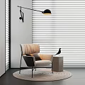 Beige Accent Chair With Black Legs Side Table And Floor Lamp By Window Blinds