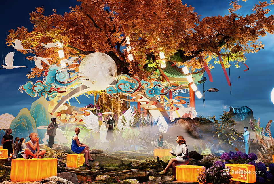 Vibrant Commercial Landscape With Large Autumn Tree Moon Lanterns Mist And Purple Flowers 3d model 