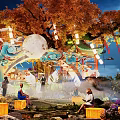 Vibrant Commercial Landscape With Large Autumn Tree Moon Lanterns Mist And Purple Flowers
