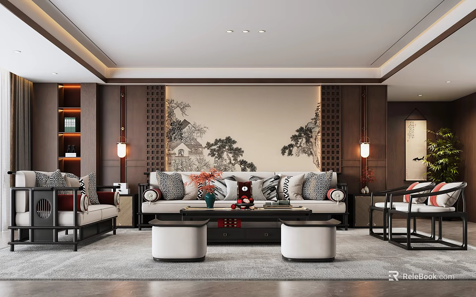Traditional Chinese Living Room Interior with Decorative Painting Sofa Cushions and Wooden Lanterns 3d model 