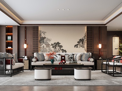 New Chinese Living Room Sofa Background Wall Sofa Coffee Table Combination Zen New Chinese Style model