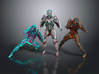 Futuristic Armored Warriors In Combat Poses With Colorful Patterns And Reflective Background 3d model