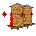 Two Traditional Grain Silos With Red Fortune Characters Hanging Lanterns And Harvest Theme
