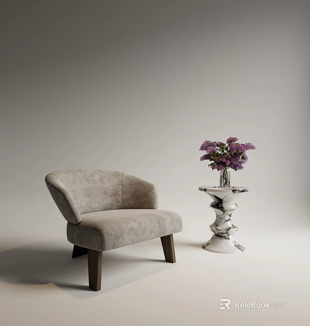 Stylish Gray Upholstered Single Sofa With White Side Table And Purple Flowers 3d model