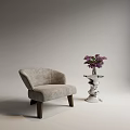 Stylish Gray Upholstered Single Sofa With White Side Table And Purple Flowers 3d model