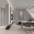 Modern Living and Dining Room Interior With Black Leather Sofa Dining Table And Decorative Paintings