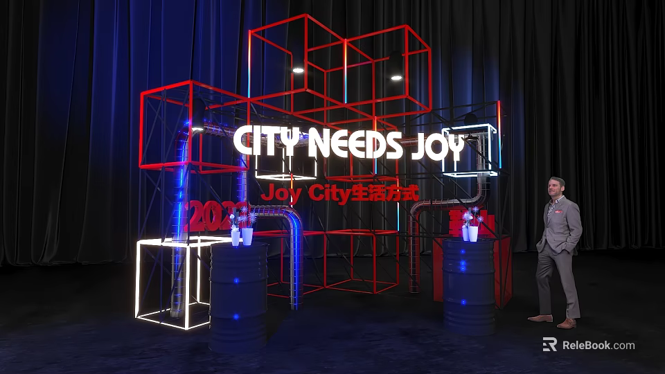 Joy City 2023 Scene With CITY NEEDS JOY Illuminated Text And Red Blue Geometric Frame 3d model 