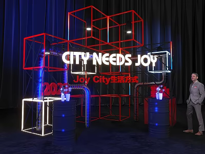 Joy City 2023 Scene With CITY NEEDS JOY Illuminated Text And Red Blue Geometric Frame 3d model