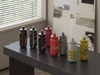 Multicolored Cups Arranged On Black Table With Window Blinds And Wall Posters 3d model