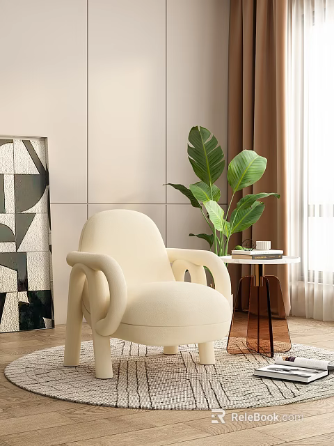 Cream Leisure Chair With Side Small Table And Large Green Plant Near Geometric Decorative Painting 3d model 
