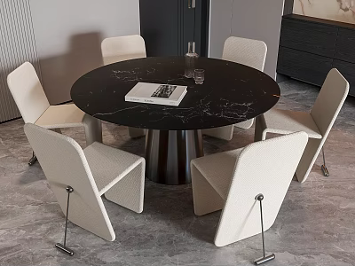 Modern Round Dining Table Set With Six Light Colored Chairs And Marble Top 3d model