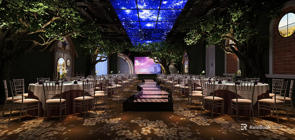 Elegant Banquet Hall with Starry Ceiling Green Trees Stage and Floral Carpet 3d model 