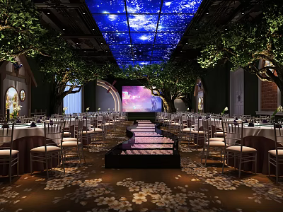 Elegant Banquet Hall with Starry Ceiling Green Trees Stage and Floral Carpet 3d model
