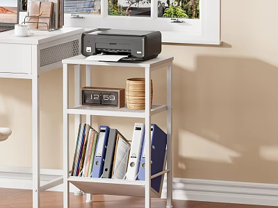 White Storage Shelf With Printer Digital Clock Twine Roll And Folders In Home Office 3d model