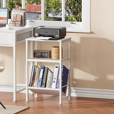 White Storage Shelf With Printer Digital Clock Twine Roll And Folders In Home Office 3d model
