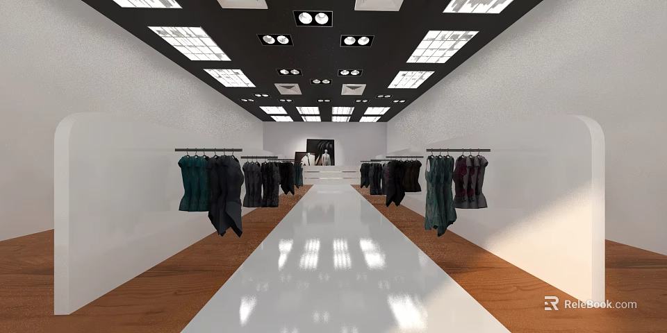 Modern Clothing Store Interior With Hanging Clothes Sleek Floor And Ceiling Lights 3d model 