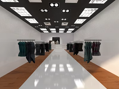 Modern Clothing Store Interior With Hanging Clothes Sleek Floor And Ceiling Lights 3d model