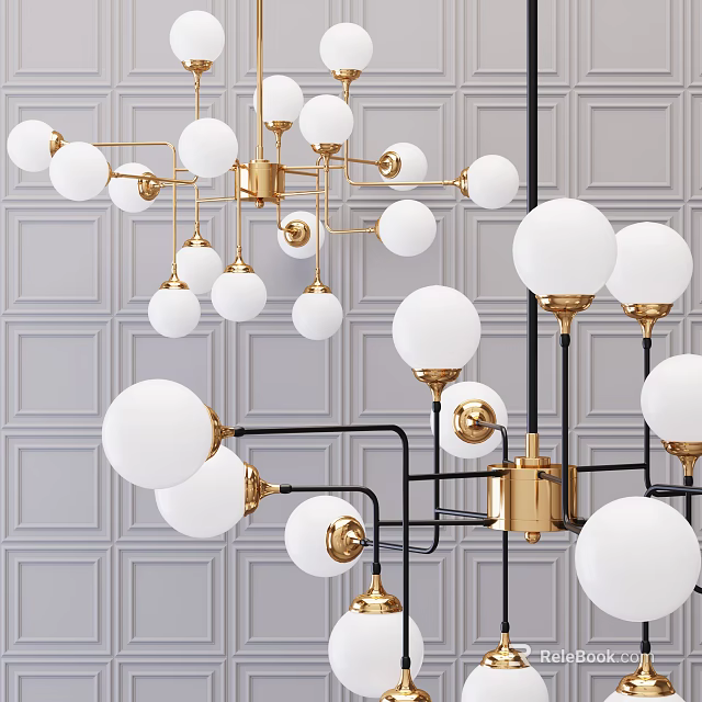 Modern Multi Arm Chandelier With Spherical White Bulbs Gold Black Metal Frame 3d model 